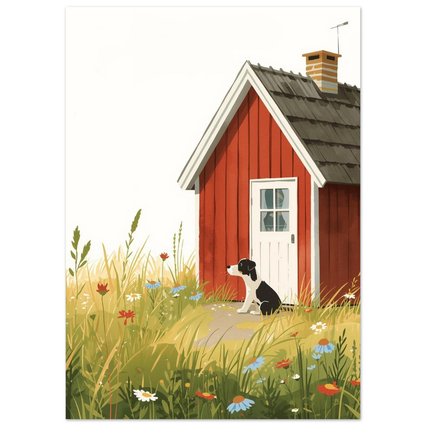 Svensk sommaridyll med hund framför röd stuga, konstnärligt print