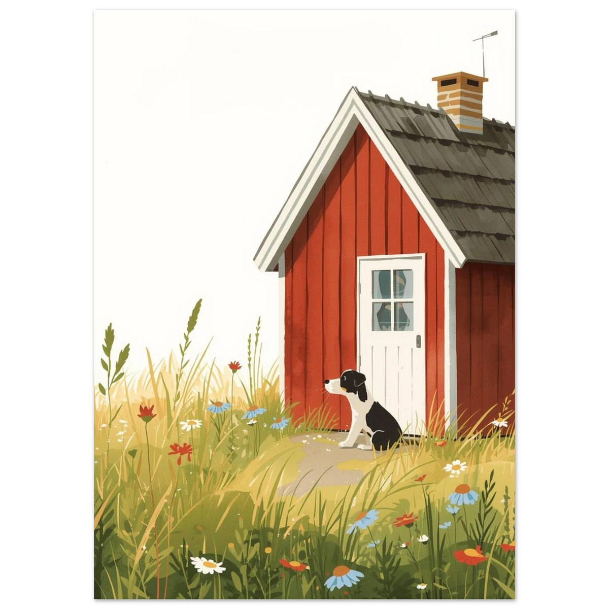 Svensk sommaridyll med hund framför röd stuga, konstnärligt print