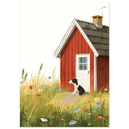 Svensk sommaridyll med hund framför röd stuga, konstnärligt print
