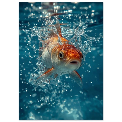 Närbild på orange guldfisk i kristallklart vatten med bubblor, fotokonst