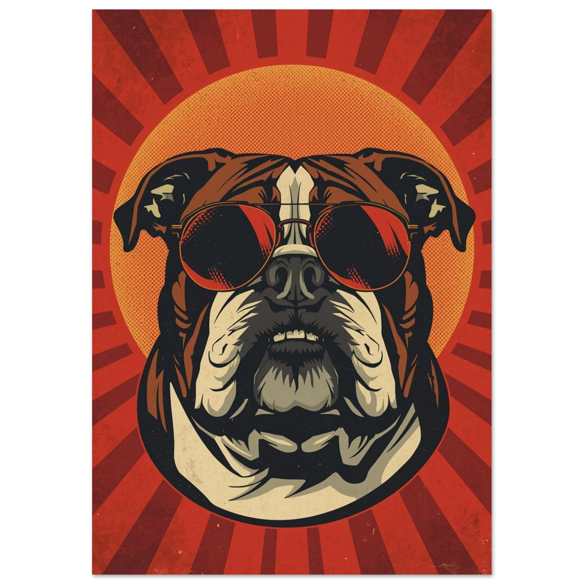 Närbild på bulldog i pilotglasögon med vintage röd bakgrund