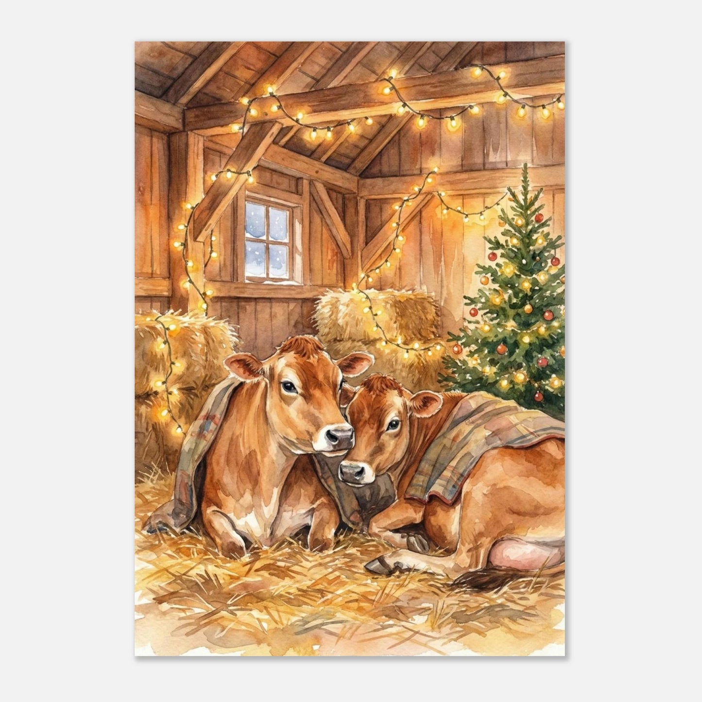 Lantlig julscen med kor och julgran, konsttryck i mjuka akvarellfärger