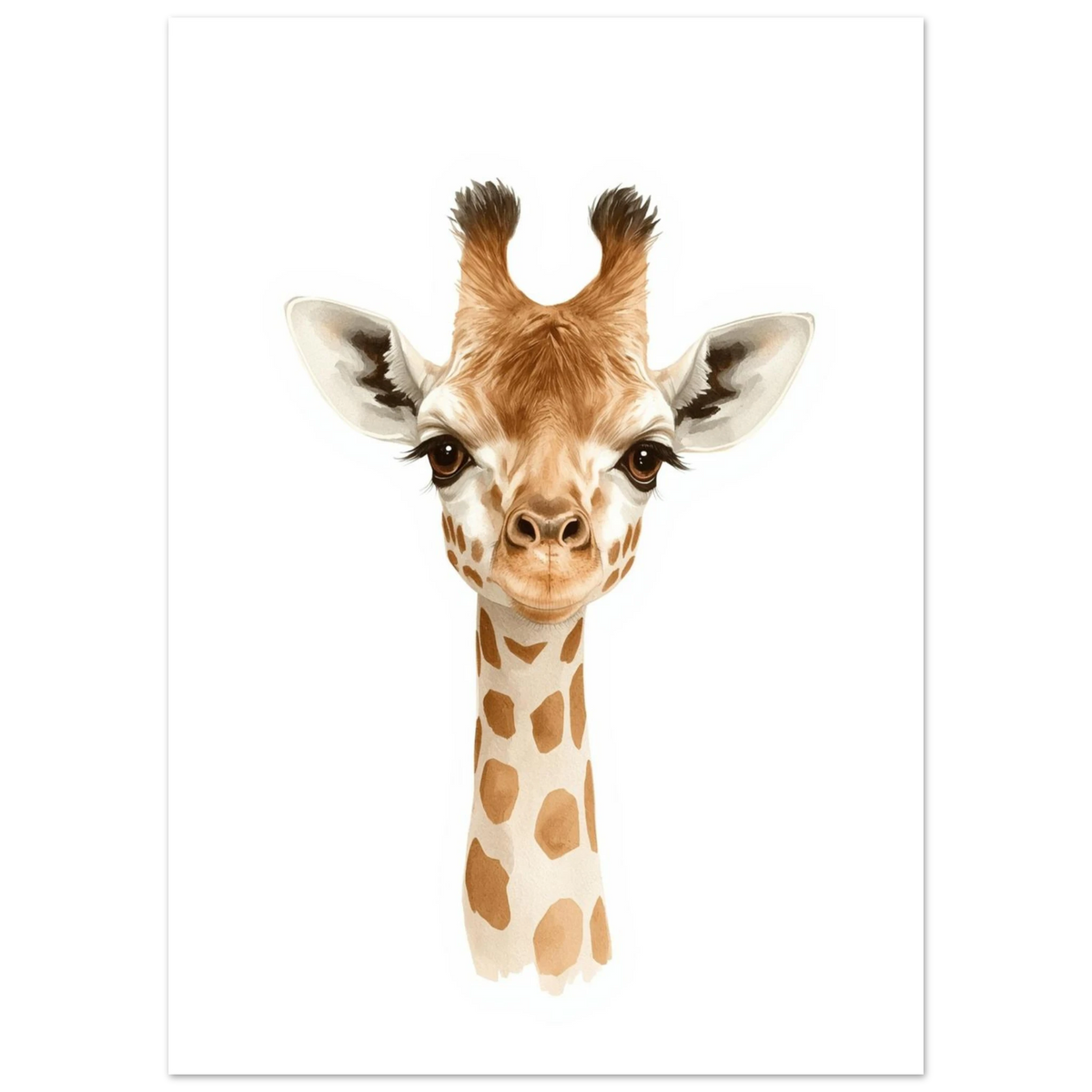 Porträtt av en ung giraff med stora ögon, djurposter