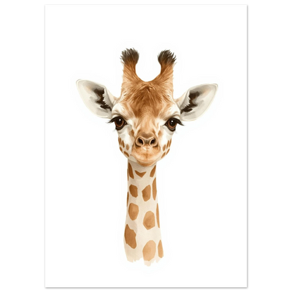 Porträtt av en ung giraff med stora ögon, djurposter