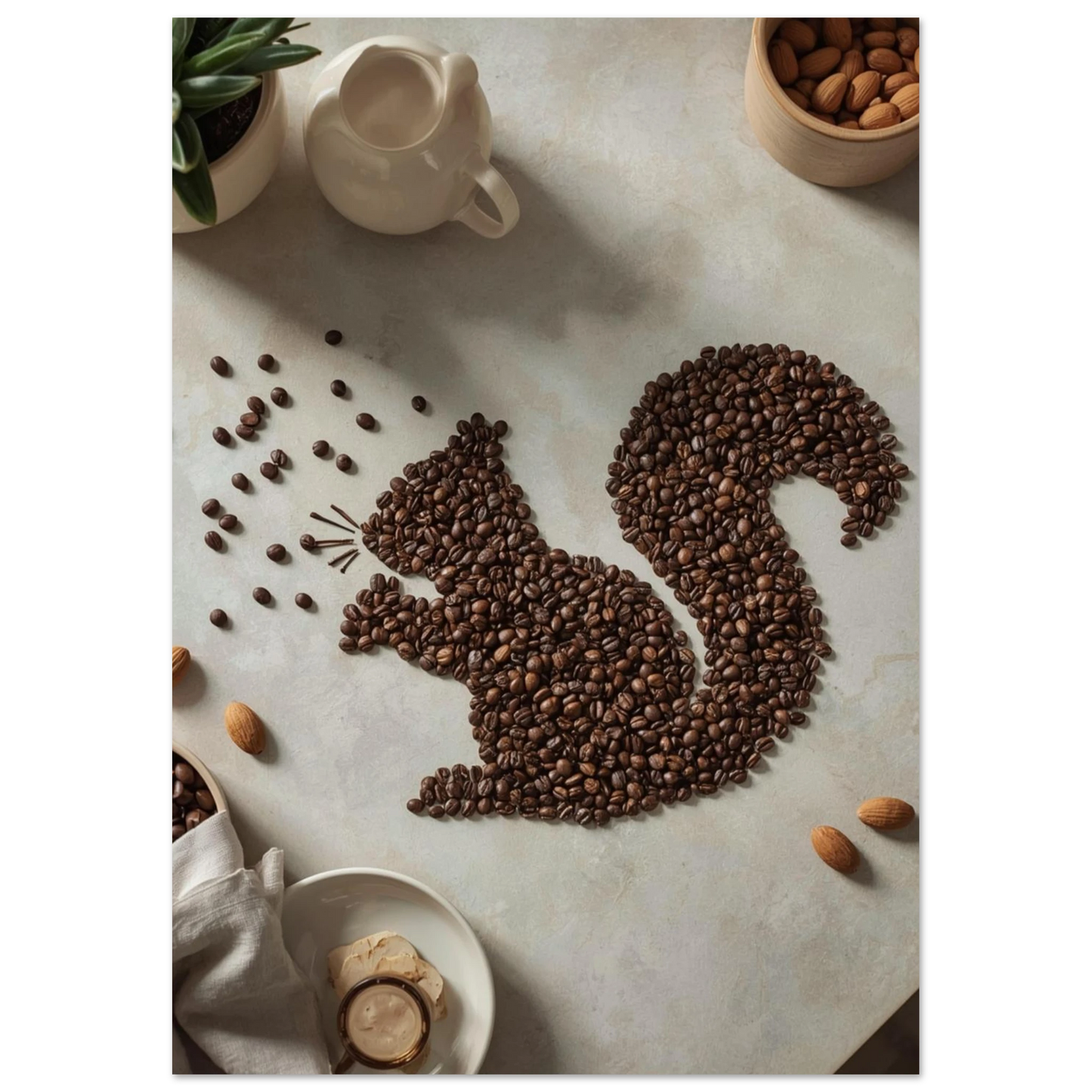 Unik kökstavla föreställande en ekorre av kaffebönor, naturlig träram