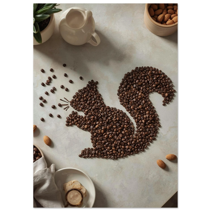 Unik kökstavla föreställande en ekorre av kaffebönor, naturlig träram