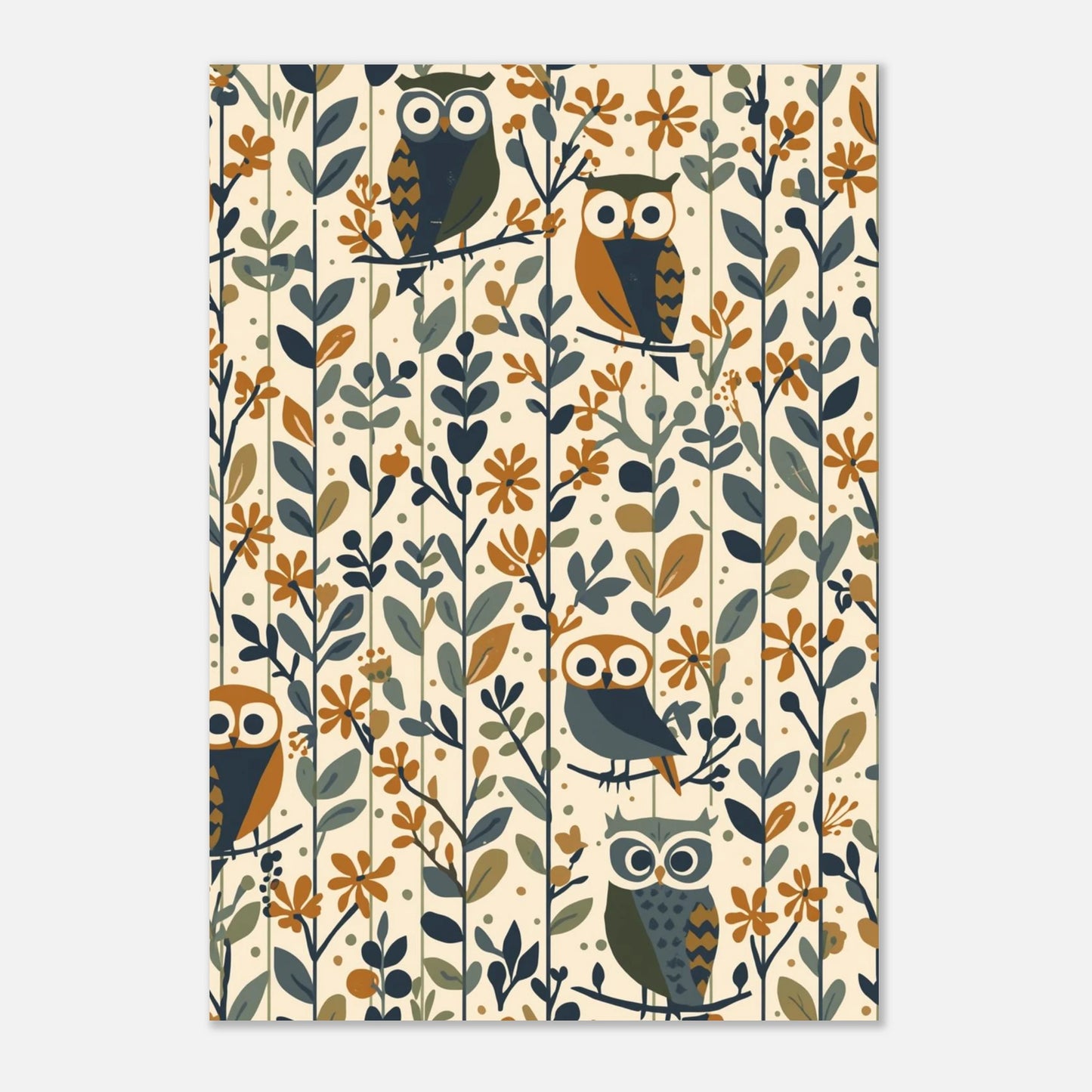 Grafiskt mönster av ugglor och botaniska detaljer, tidlös väggkonst i retro