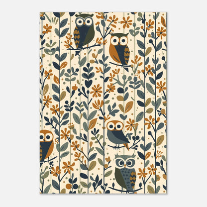 Grafiskt mönster av ugglor och botaniska detaljer, tidlös väggkonst i retro