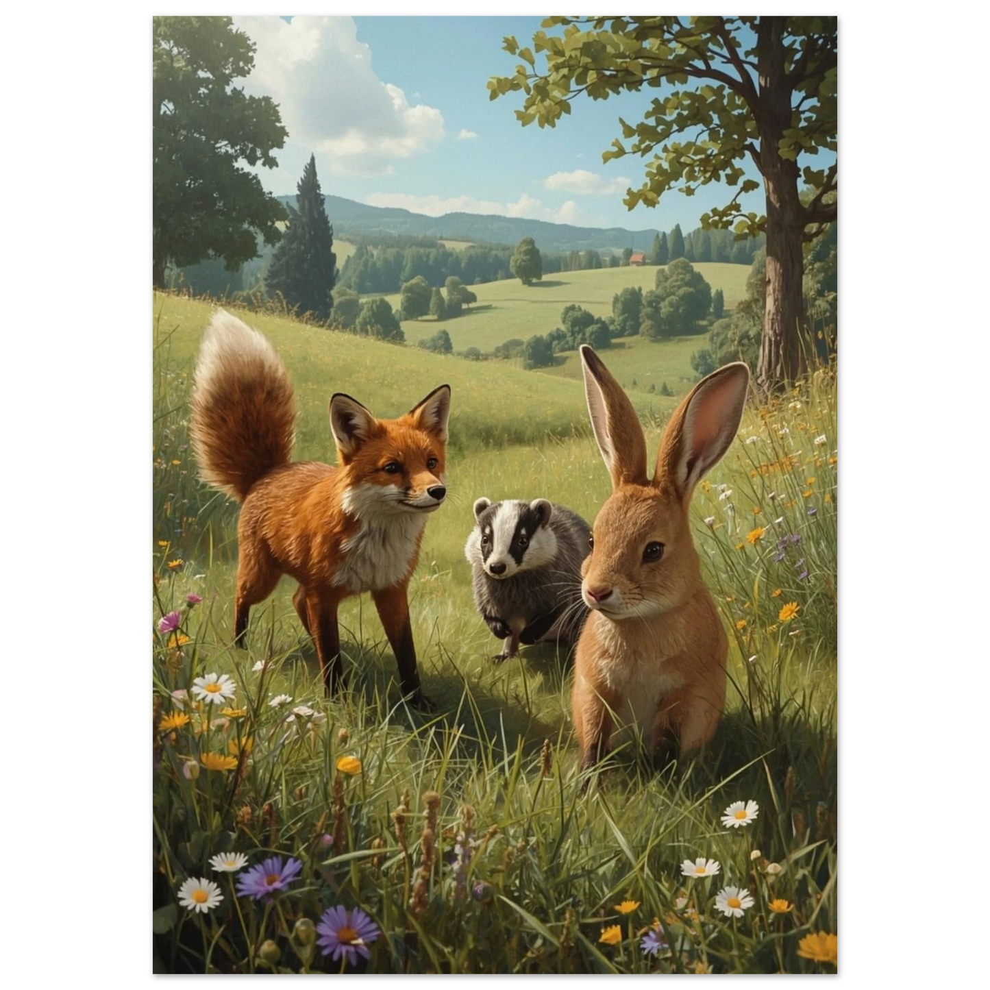 Målad bild av kanin, räv och grävling i somrigt landskap med kullar i bakgrunden. – Målad poster