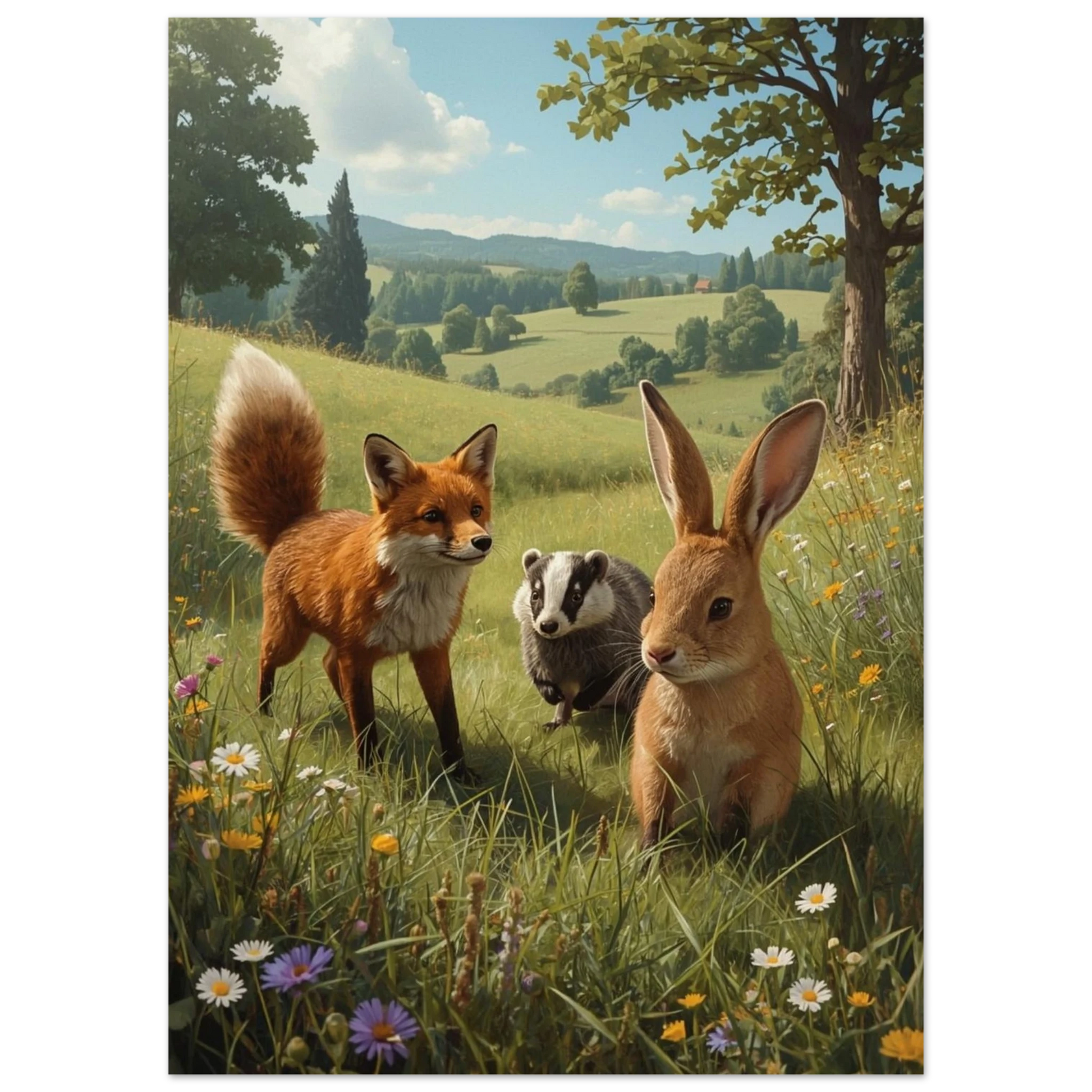 Målad bild av kanin, räv och grävling i somrigt landskap med kullar i bakgrunden. – Målad poster