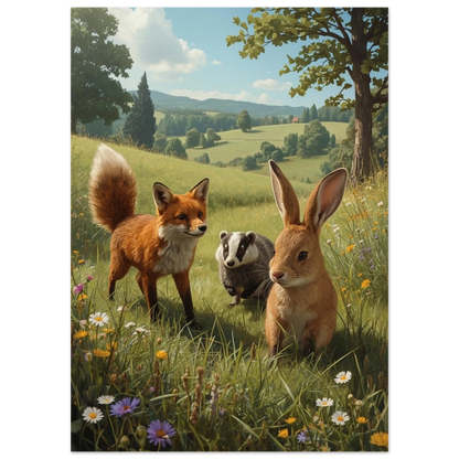 Målad bild av kanin, räv och grävling i somrigt landskap med kullar i bakgrunden. – Målad poster