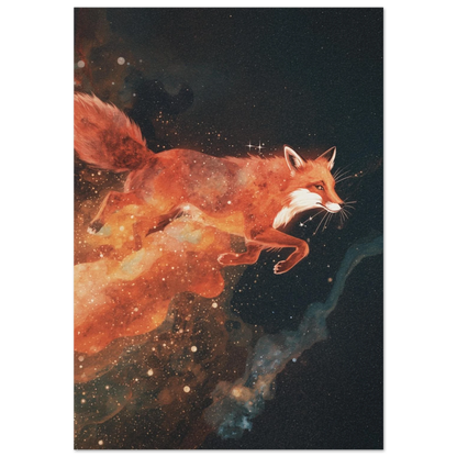 Rödräv svävande genom en orange nebulosa i rymden, kosmiskt djurmotiv