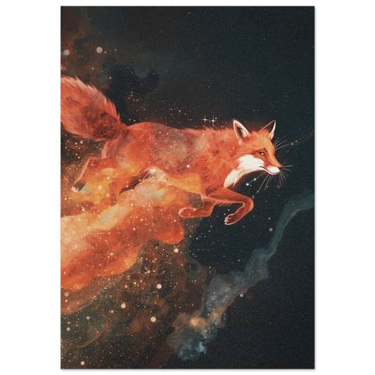 Rödräv svävande genom en orange nebulosa i rymden, kosmiskt djurmotiv