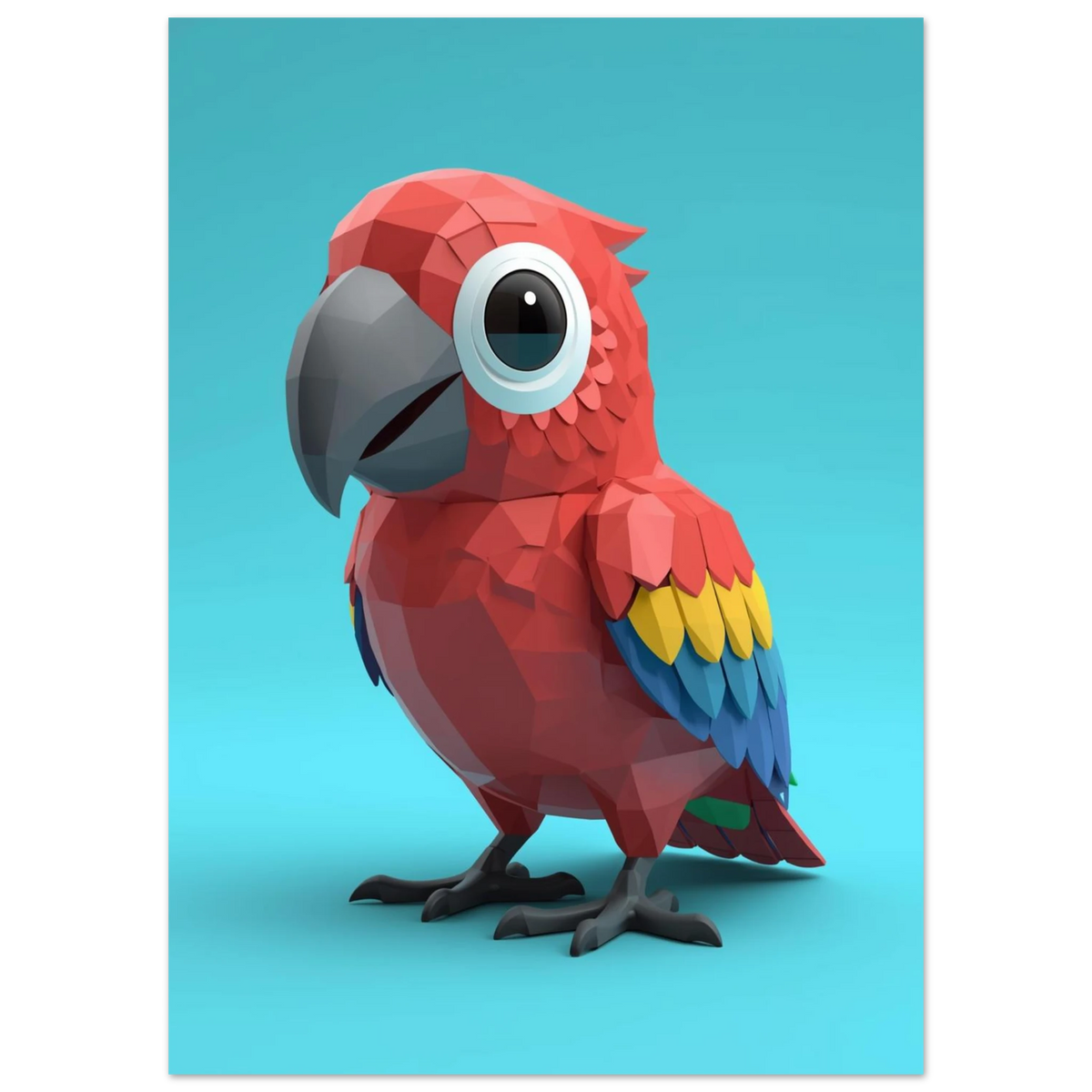 Stiliserad 3D-illustration av en röd papegoja med stora ögon, väggkonst
