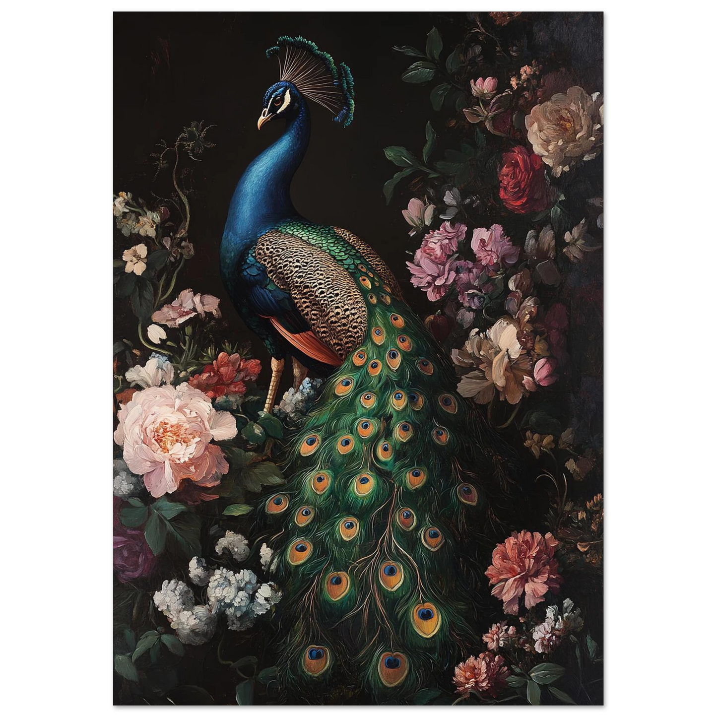 Konstnärligt påfågelmotiv i barockstil med detaljrika fjädrar och rosor
