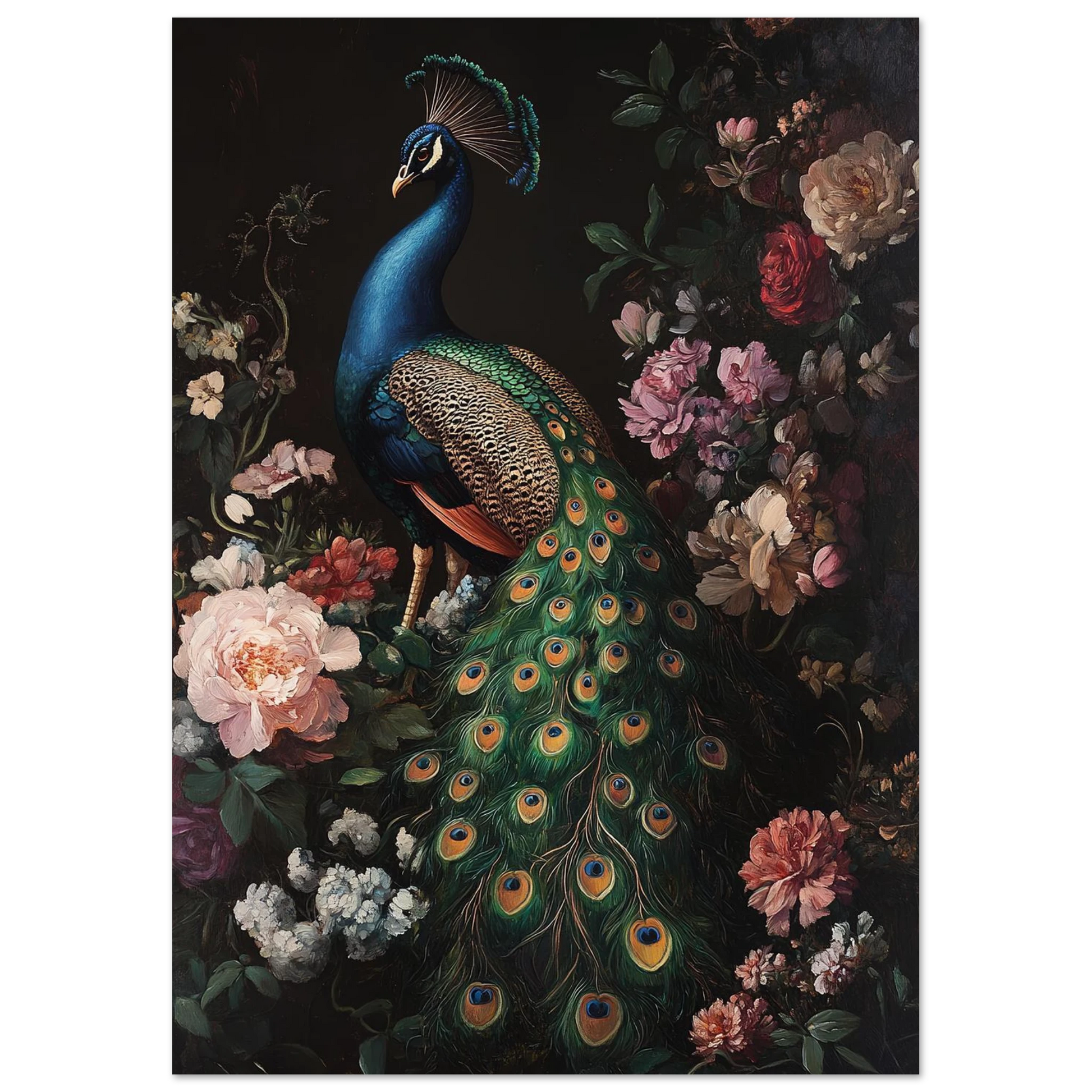 Konstnärligt påfågelmotiv i barockstil med detaljrika fjädrar och rosor