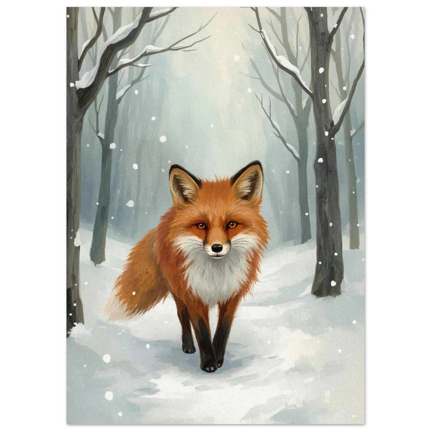 Närbild på räv i vinterlandskap med fallande snöflingor – konstnärlig poster