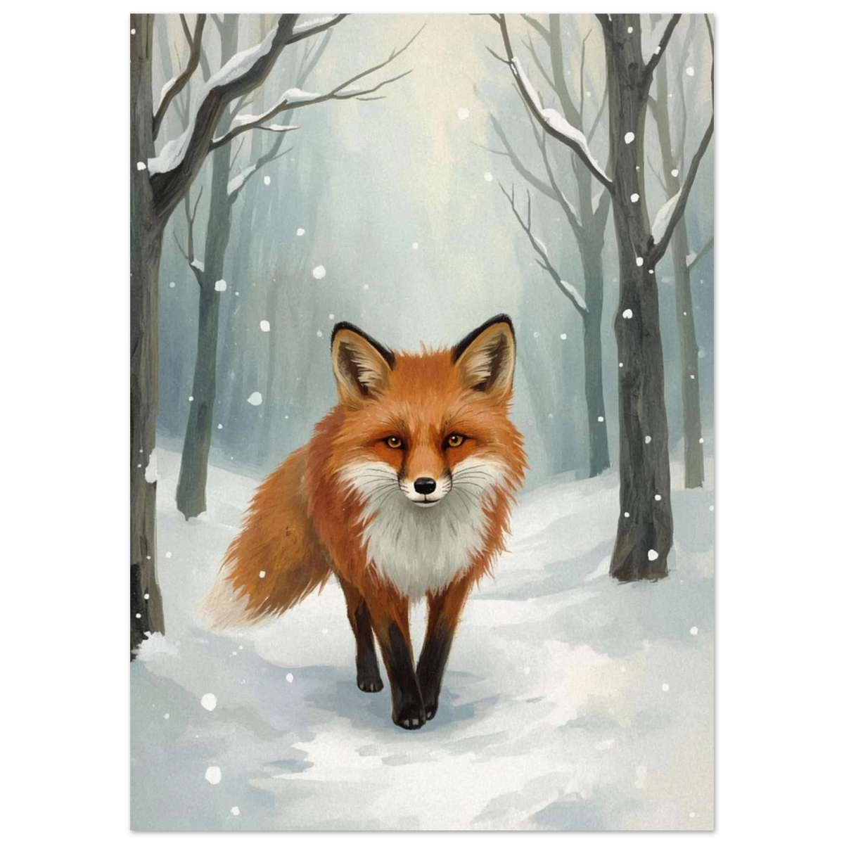 Närbild på räv i vinterlandskap med fallande snöflingor – konstnärlig poster