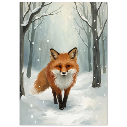 Närbild på räv i vinterlandskap med fallande snöflingor – konstnärlig poster
