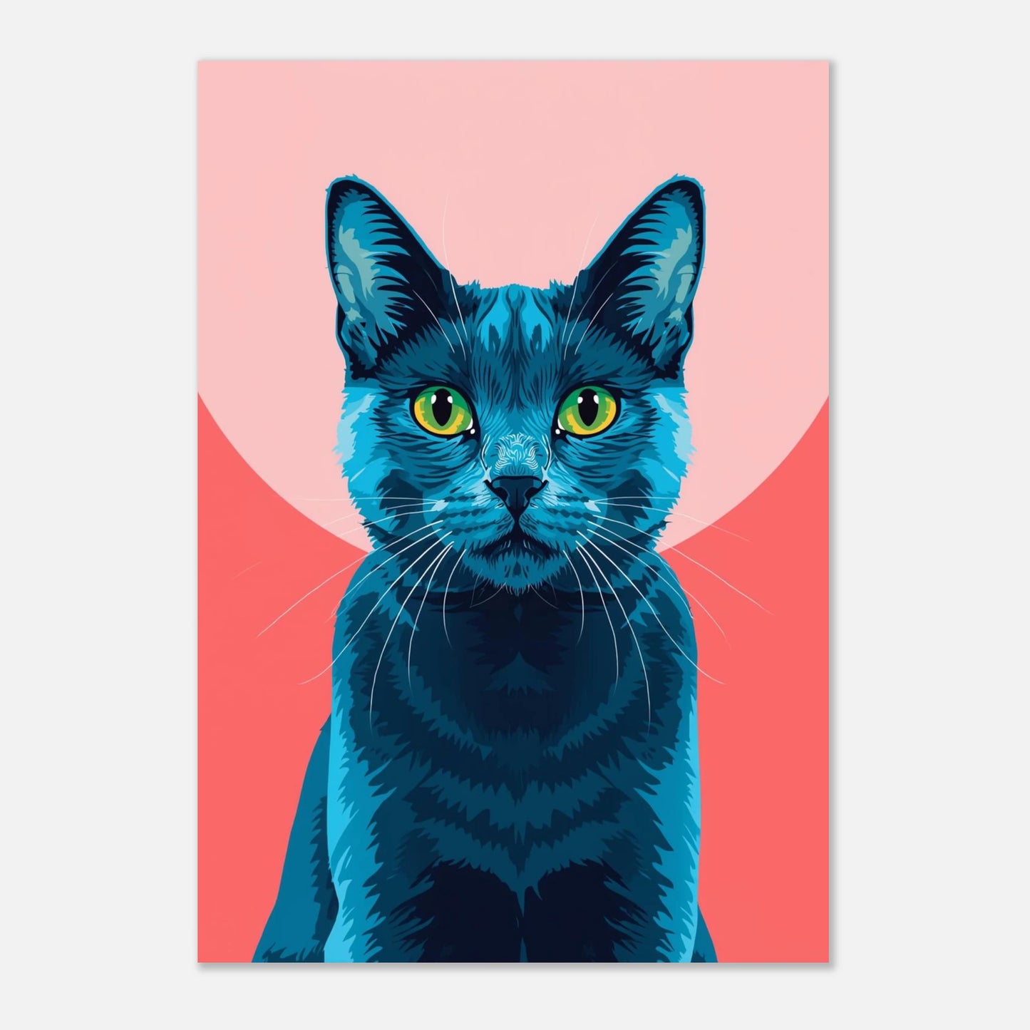 Modern djurposter föreställande en blå katt med hypnotisk blick och rosa bakgrund