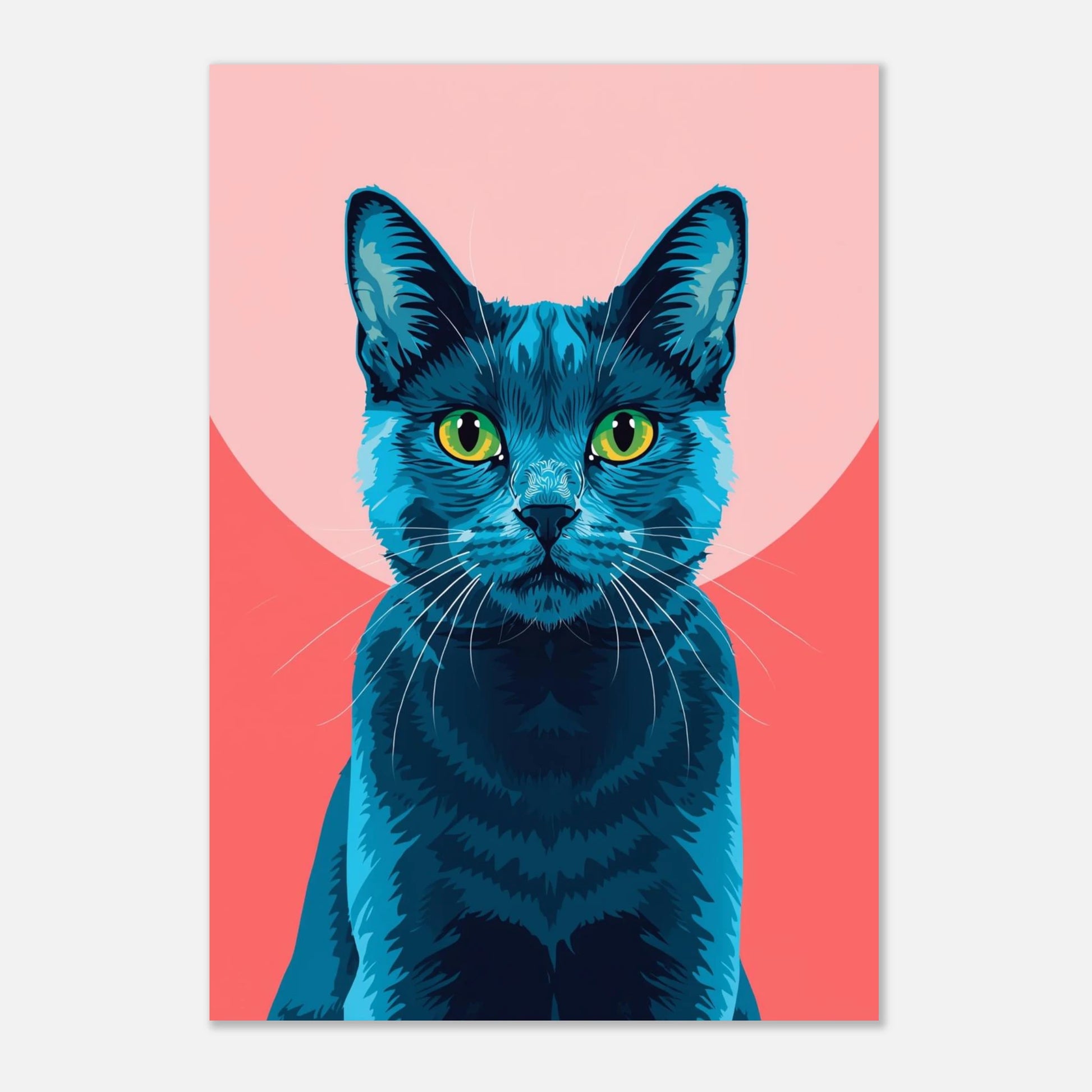 Modern djurposter föreställande en blå katt med hypnotisk blick och rosa bakgrund