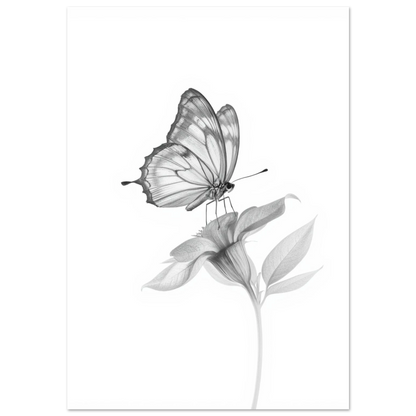 Fjäril på blomma i gråskala – minimalistisk poster med vita kanter