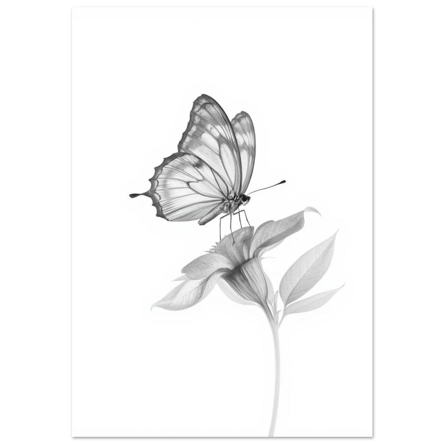 Fjäril på blomma i gråskala – minimalistisk poster med vita kanter