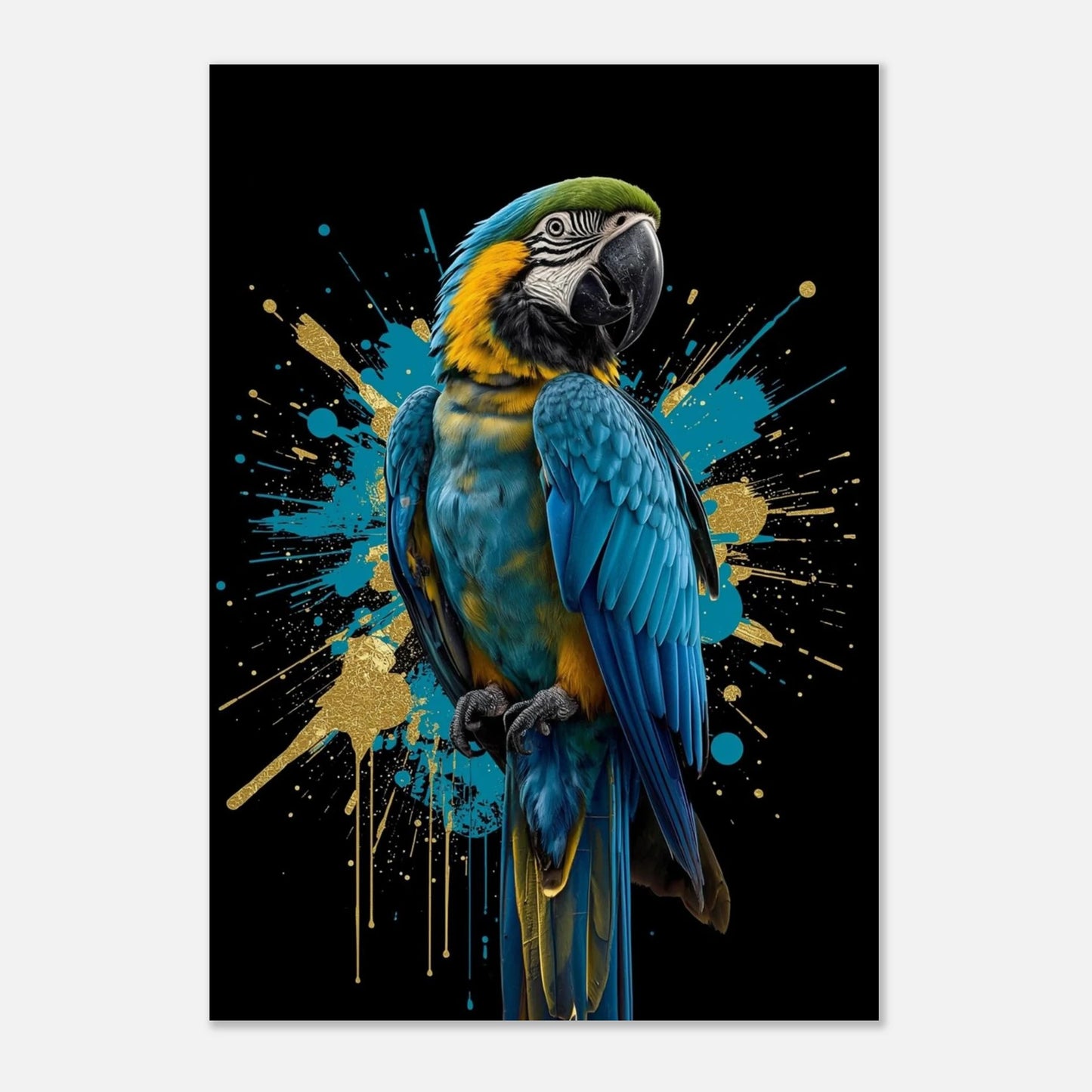 Färgglad papegojposter med guld och turkos splash-effekt i modern stil
