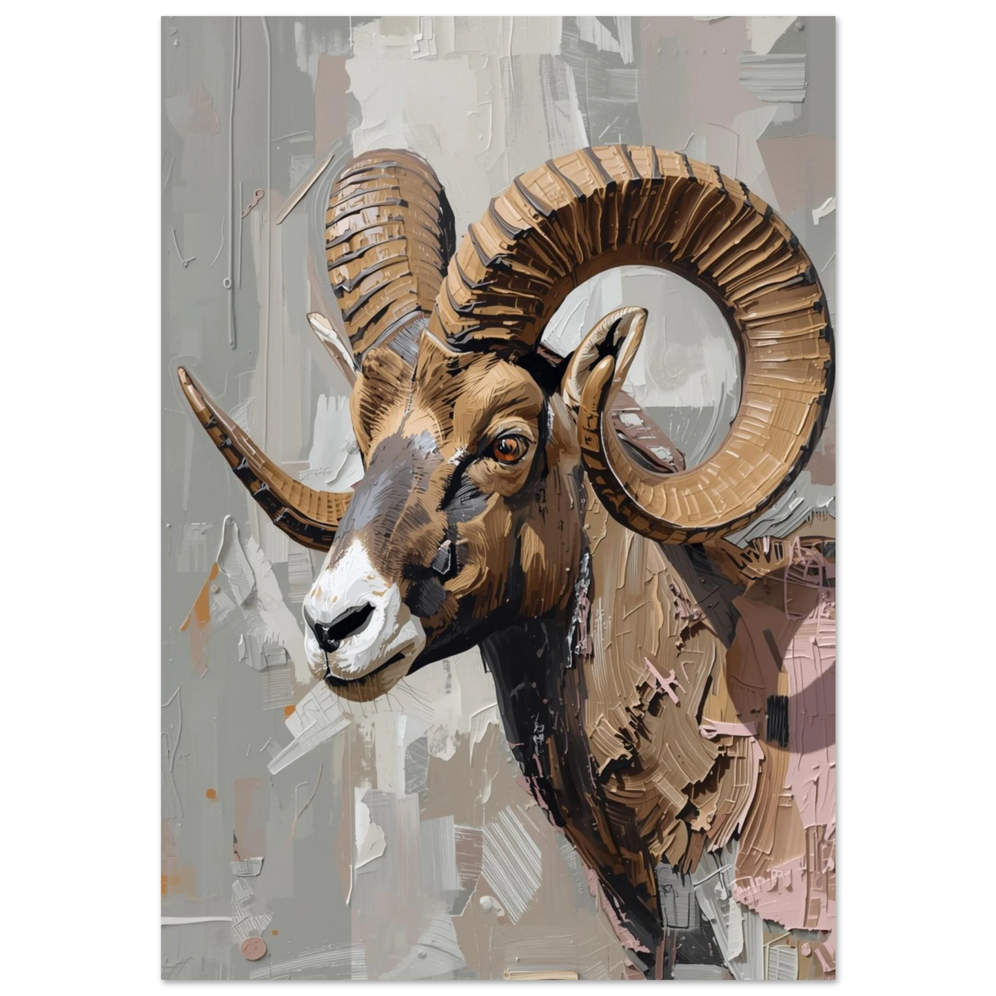 Oljemålning av vädur med stora horn i beige impasto-stil