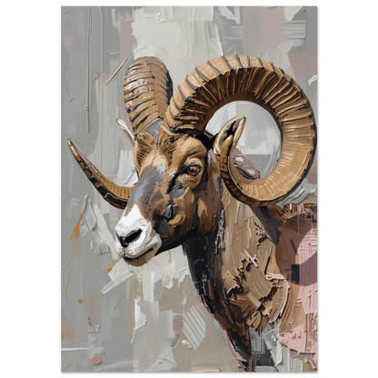 Oljemålning av vädur med stora horn i beige impasto-stil