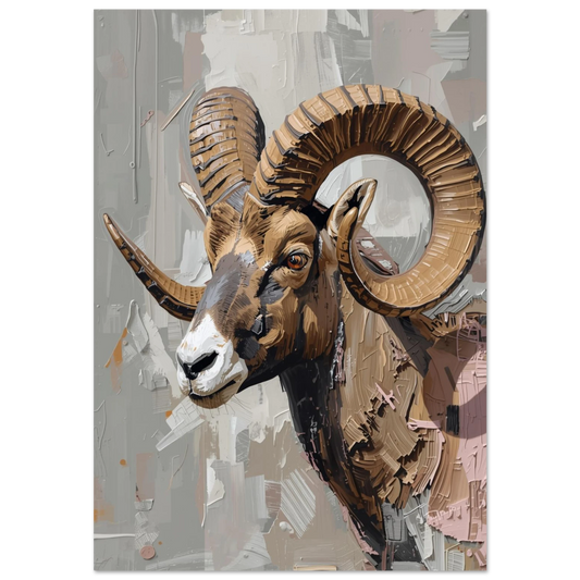 Oljemålning av vädur med stora horn i beige impasto-stil