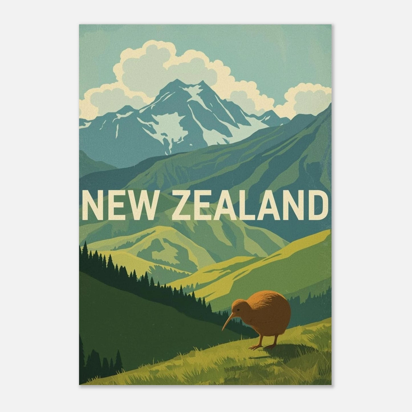 Reseinspirerad tavla med en kiwi och majestätiska berg i bakgrunden