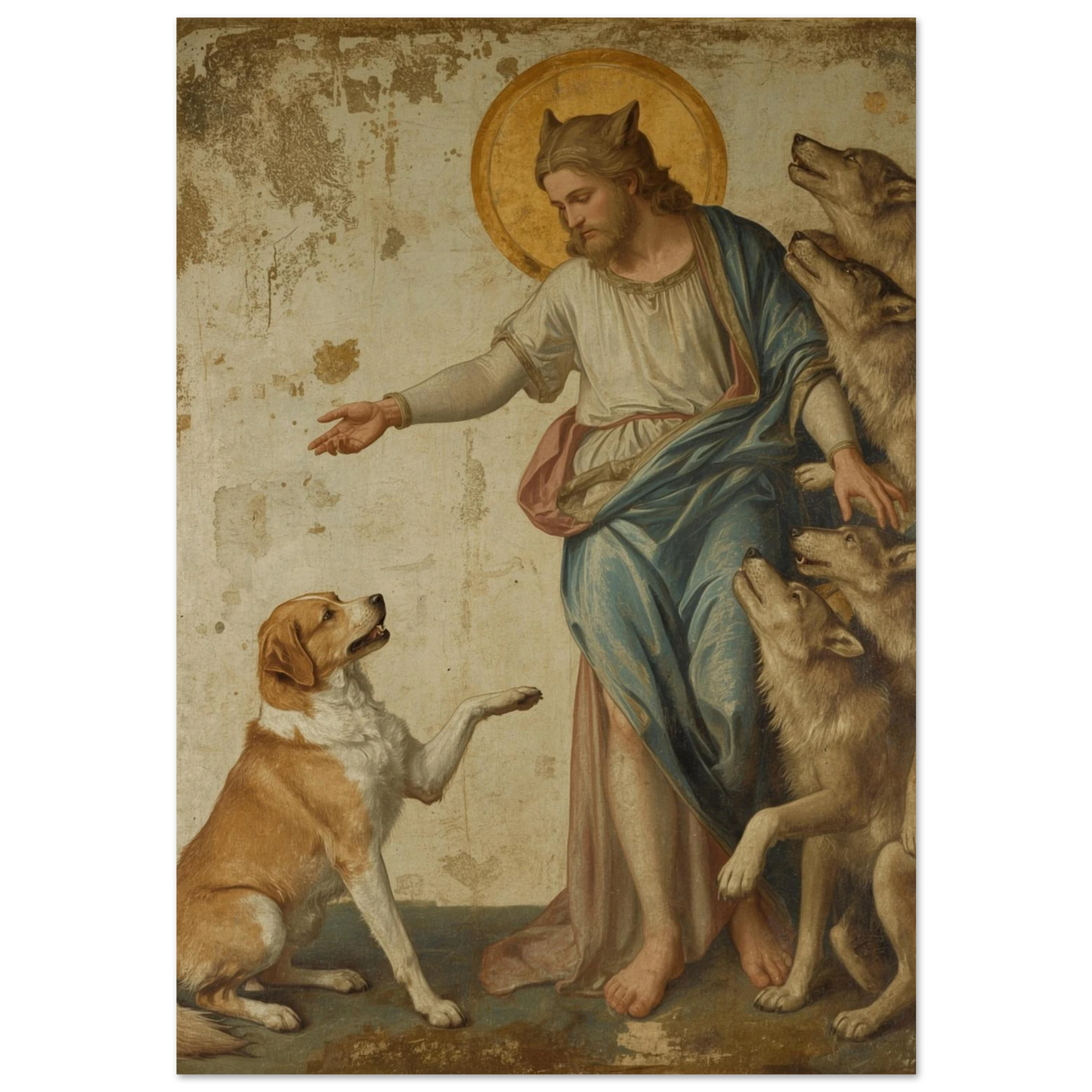 Klassisk oljemålning av man med vargar och hund – historiskt djurmotiv