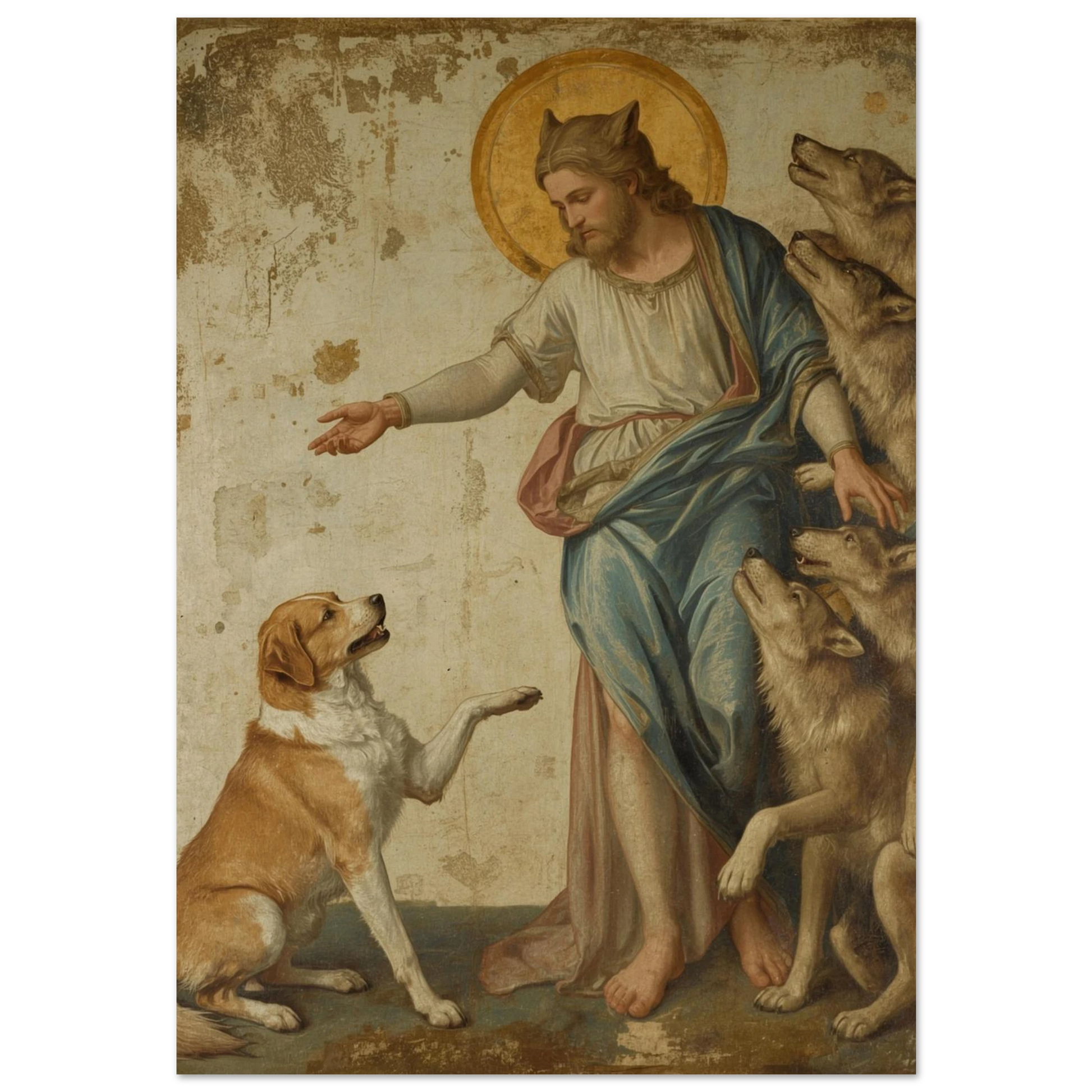 Klassisk oljemålning av man med vargar och hund – historiskt djurmotiv