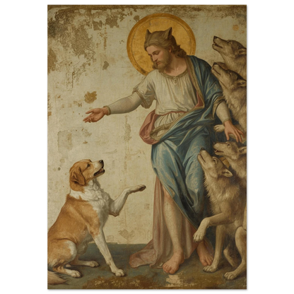 Klassisk oljemålning av man med vargar och hund – historiskt djurmotiv