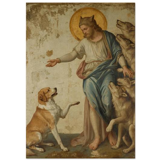 Klassisk oljemålning av man med vargar och hund – historiskt djurmotiv
