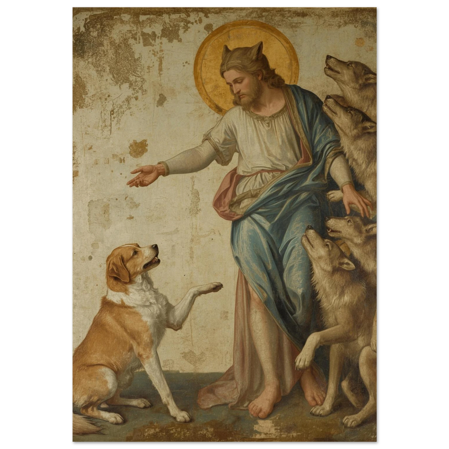 Klassisk oljemålning av man med vargar och hund – historiskt djurmotiv