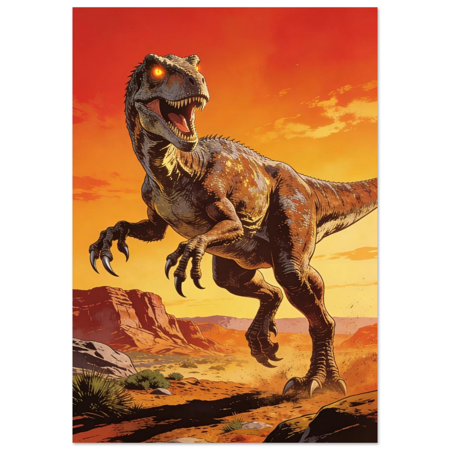 Tecknad raptor med glödande ögon i aggressiv ställning mot orange himmel – Tecknad poster