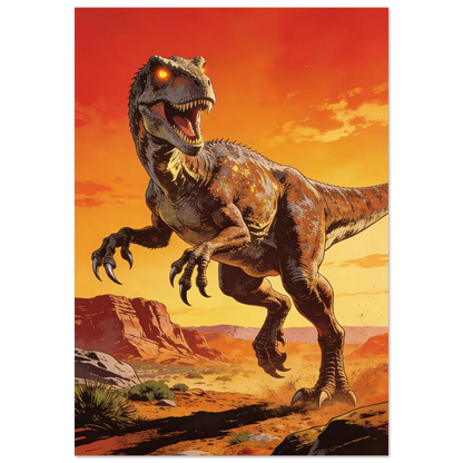 Tecknad raptor med glödande ögon i aggressiv ställning mot orange himmel – Tecknad poster