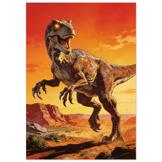 Tecknad raptor med glödande ögon i aggressiv ställning mot orange himmel – Tecknad poster