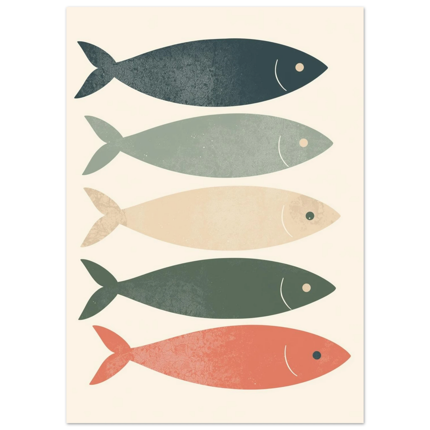 Grafisk illustration av sardiner i marinblått, mint och korallrött