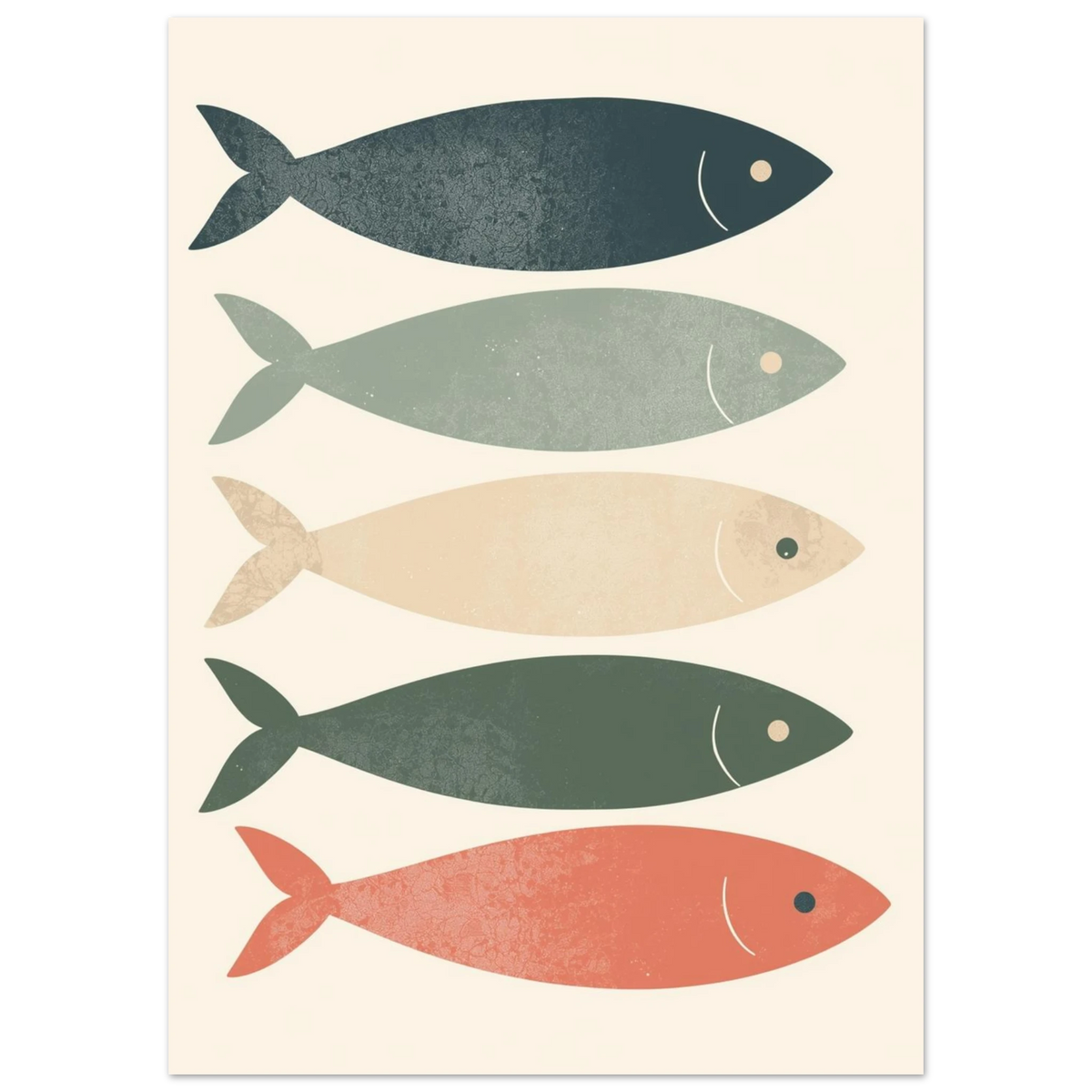 Grafisk illustration av sardiner i marinblått, mint och korallrött