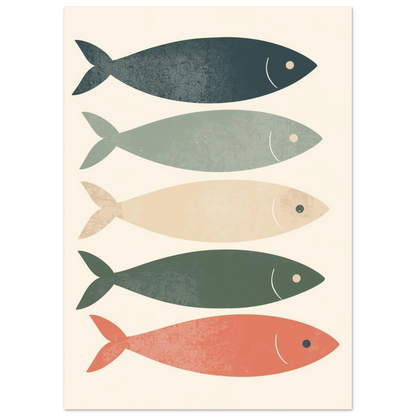 Grafisk illustration av sardiner i marinblått, mint och korallrött