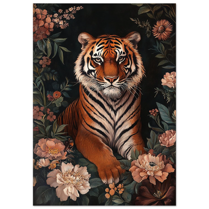 Konstnärlig djurposter föreställande en tiger i en lummig, blomstrande trädgård
