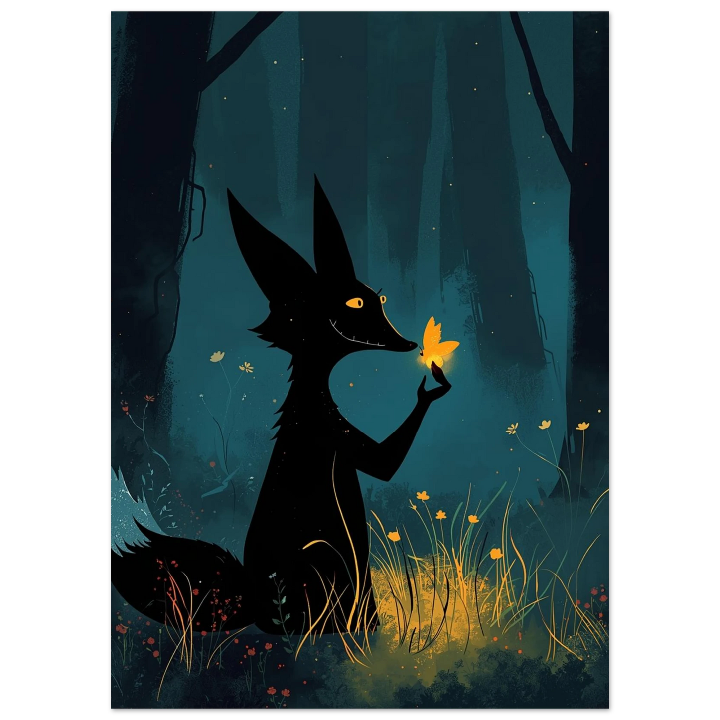 Digital illustration av räv i skymning med glödande detaljer – djurmotiv