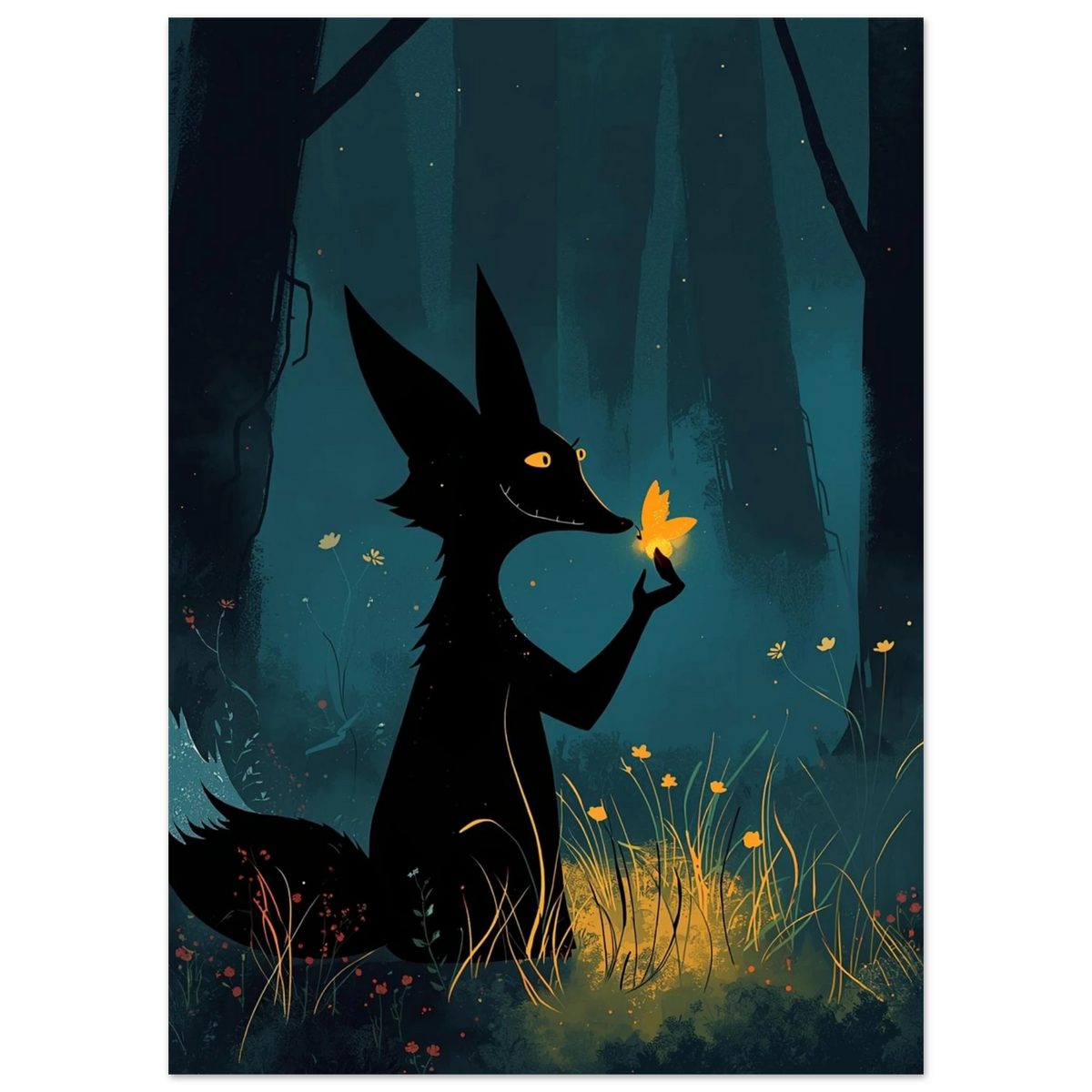 Digital illustration av räv i skymning med glödande detaljer – djurmotiv