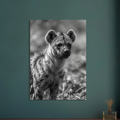 Hyena i svartvitt, intensiv blick, vildmarkens mystik, djurmotiv