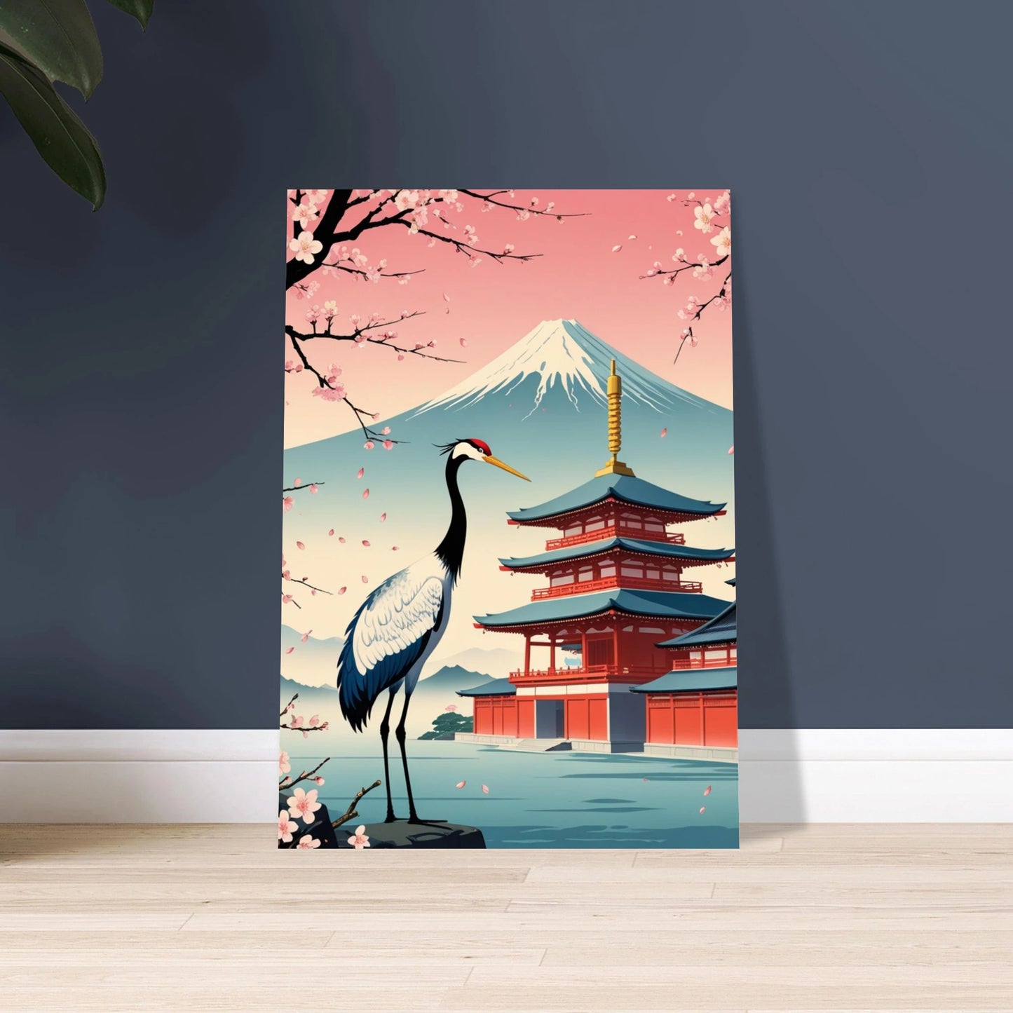 Elegant trana i japanskt landskap med körsbärsblommor och Fuji.