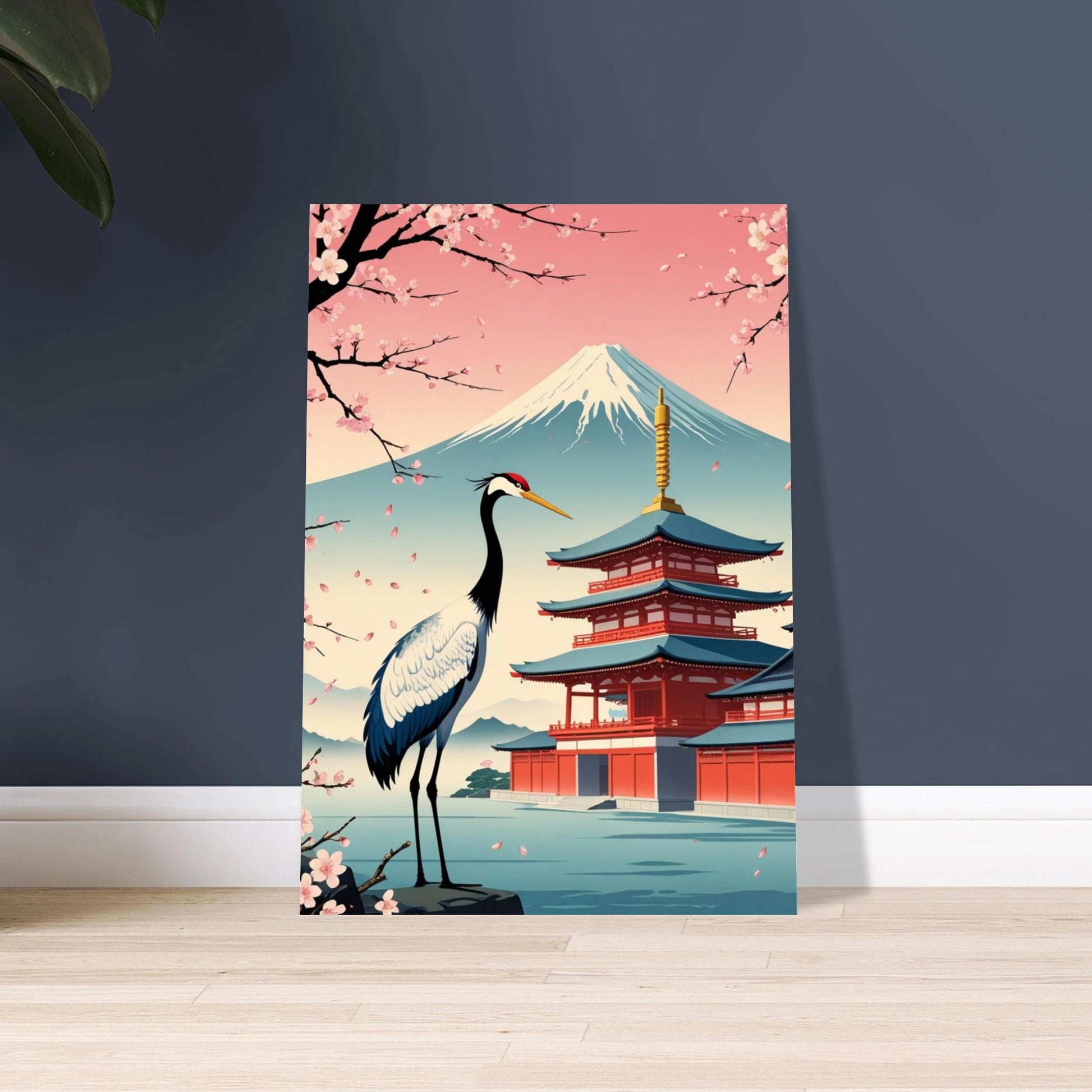 Elegant trana i japanskt landskap med körsbärsblommor och Fuji.