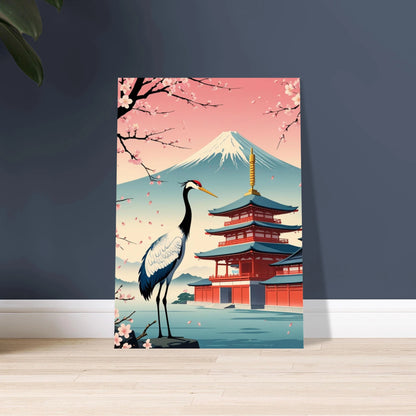 Elegant trana i japanskt landskap med körsbärsblommor och Fuji.